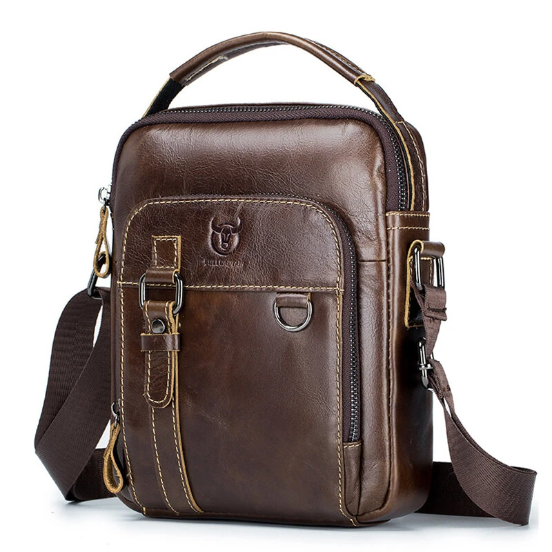 (image for) BULLCAPTAIN Genuine Leather Men's Shoulder Bag Small Handbag Fashion Crossbody Bag for Men Daily Casual Travel Messenger Bag for 7.9inch Ipad